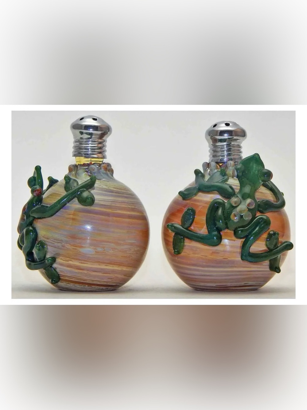 Rare Glassblown Frog Salt & Pepper Shakers by Artist Primitivo Escobedo